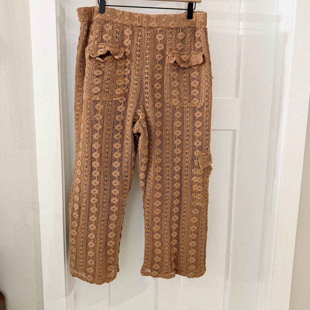 Anthropologie Crochet Cargo Pants Tan Brown Wide Leg XL Boho Beachy Coastal Knit - Picture 5 of 10